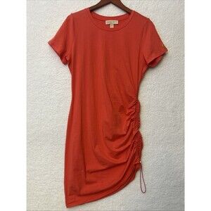 Michael Kors CORAL ORANGE Ruched Side With Gold Accents Summer Casual Mini Dress